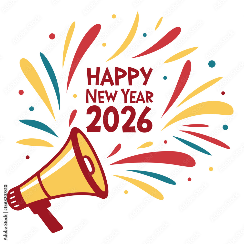 Obraz premium Megaphone announcing happy new year with colorful bursts