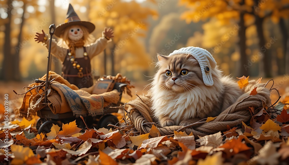 Obraz premium A fluffy long-haired cat wearing a whimsical white hat sits comfortably amidst fallen autumn leaves, with a rustic scarecrow figure in the blurred background, creating a charming and festive fall scen