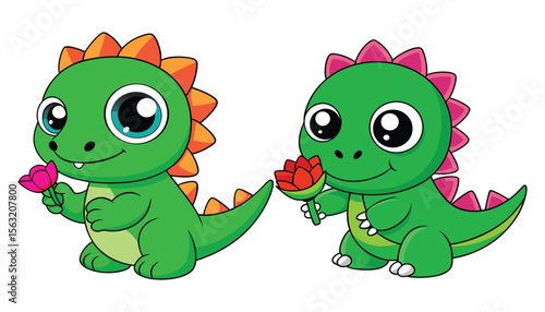 Kawaii baby dinosaur vector, green with spikes, holding flower, cute and smiling expression, isolated on transparent background, AI Generative