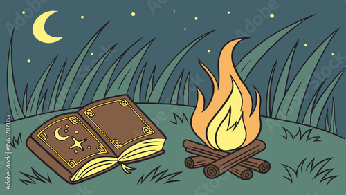 Open spellbook with moon and star near campfire under crescent moon and stars in grassy night scene