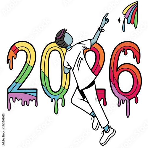 Colorful dripping numbers with person pointing up 2026