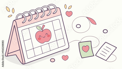 Illustration of a pink calendar with an apple on it surrounded by hearts and stationery items