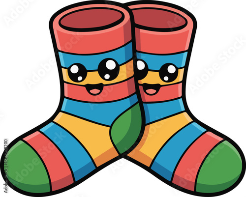 Two colorful cartoon socks with happy faces and striped designs are displayed close together in the image