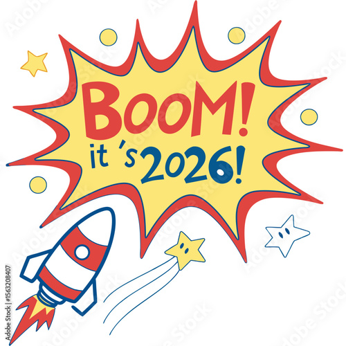 Comic explosion boom it's twenty six rocket stars text
