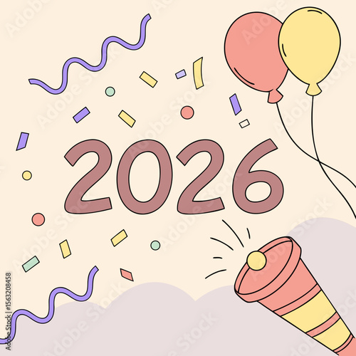 Confetti balloons and party popper celebrating new year