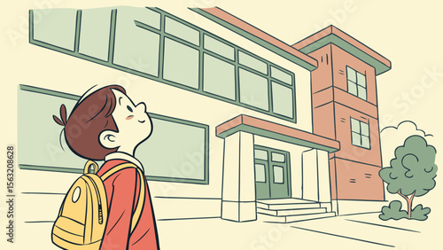 A boy with a backpack looking up at a school building with large windows and a small tree near the entrance