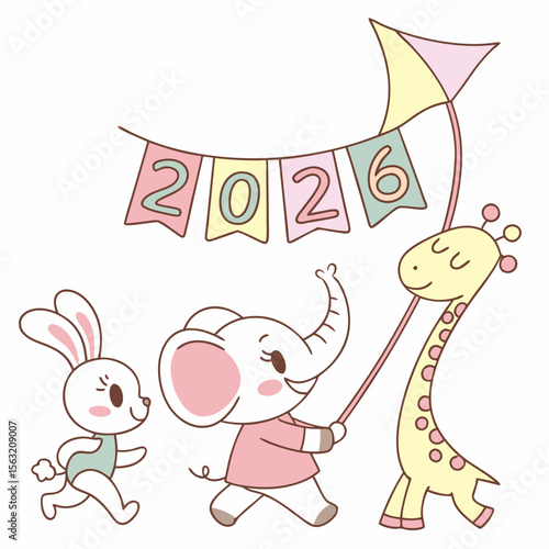 Cute animals parade with year banner and kite elephant