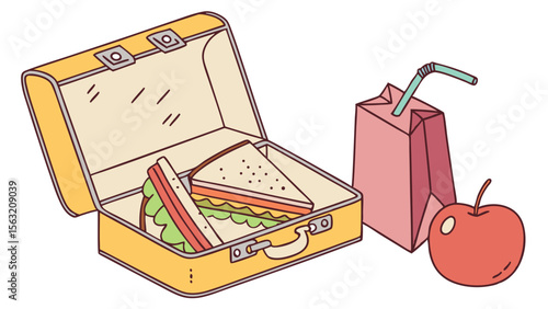 Illustration of an open yellow lunchbox with sandwiches, juice box, and apple on white background