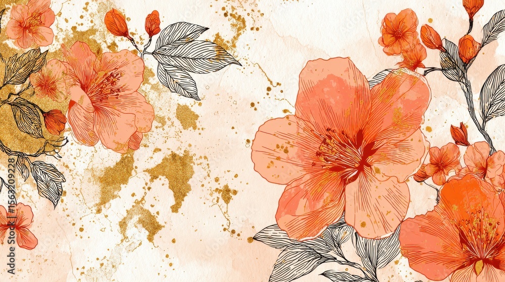 Fototapeta premium Spring floral in watercolor vector background. Luxury wallpaper design with orange flowers, line art, golden texture. Elegant gold blossom flowers illustration suitable for fabric, prints, cover., no