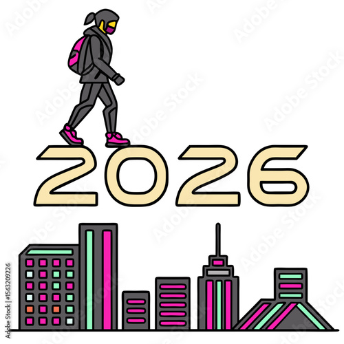 Futuristic person walking on year digits over cityscape