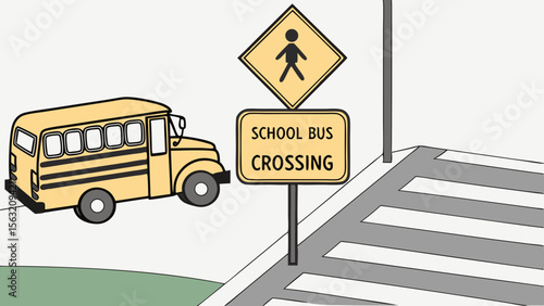 Illustration of a school bus near a school bus crossing sign and pedestrian crossing on a street view