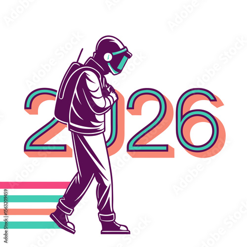 Futuristic traveler approaching year twenty six vector