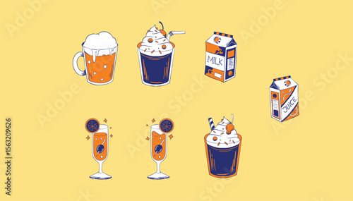 Variety Drink Icons Set: Coffee, Tea, Juice & Beverage Vector Collection