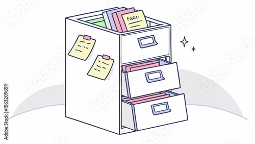 Illustration of a filing cabinet with open drawers and sticky notes attached to the side panel office