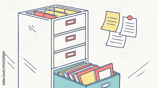 Illustration of a filing cabinet with open drawers and a box of files next to some sticky notes