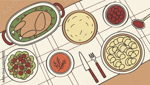 Overhead view of a thanksgiving dinner table setting with turkey, pie, salad and other dishes arranged neatly