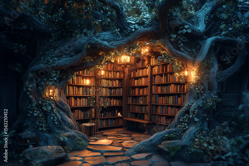 A library built inside a tree trunk, filled with books and surrounded by nature, creating a peaceful and focused atmosphere for reading.