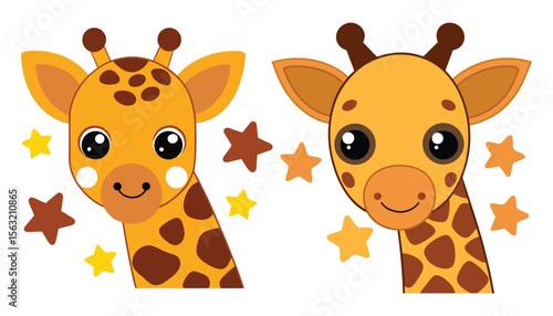 Kawaii giraffe peeking from the side, long neck and cute stars around, vector design, isolated on transparent background, AI Generative