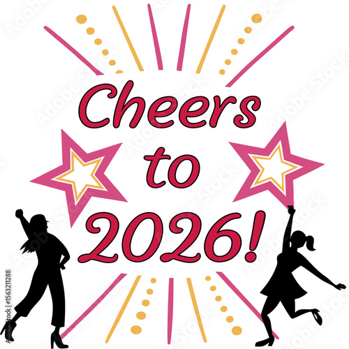 Cheerful celebration with dancing figures and stars