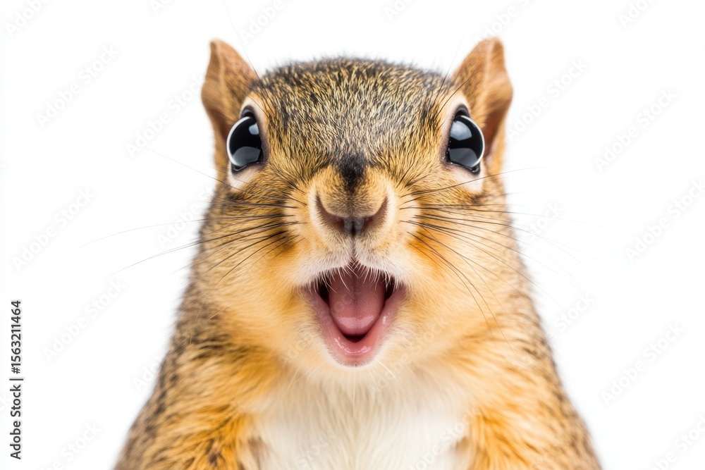 Fototapeta premium A Close-Up of a Surprised Squirrel with an Open Mouth, Capturing the Whimsical Charm and Playfulness of This Adorable Rodent against a White Background