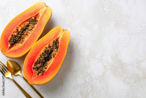 Wallpaper Mural Whole and halved papaya with gold cutlery on marble counter Torontodigital.ca