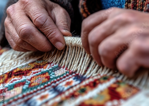 Artisan Craftsman Skillfully Weaving Intricate Patterns into a Handcrafted Textile Using Traditional Techniques in a Vibrant Display of Cultural Heritage