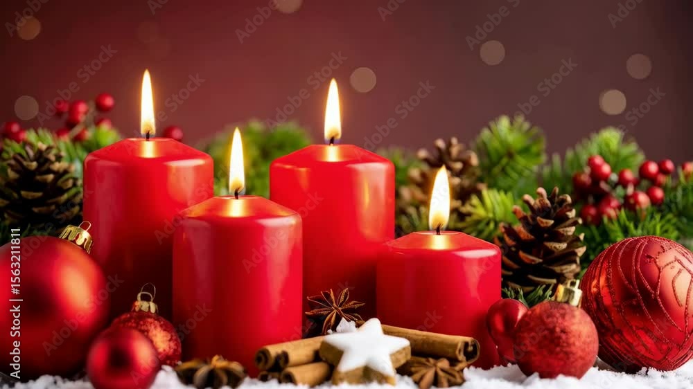 Four lit red candles with evergreen boughs, ornaments, snow, cinnamon and star cookie for holiday season decoration, celebration. Four lit red candles with evergreen boughs, ornaments, snow, cinnamon and star cookie for holiday season decoration, celebration.