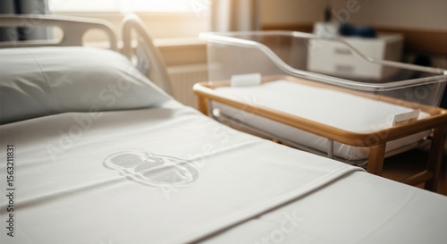 A hospital blanket with a faint imprint of a just-wrapped baby, empty bassinet beside