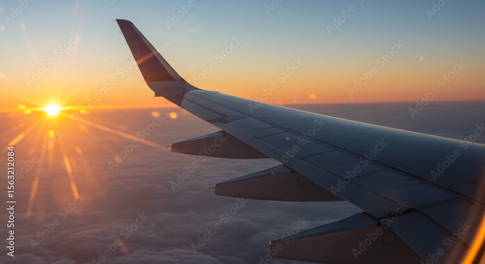 Fototapeta premium Airplane Wing Silhouetted Against a Vibrant Sunset Sky and Clouds