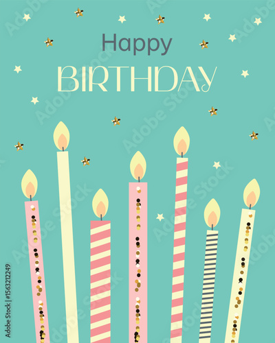 Happy Birthday minimalistic greeting cards with candles and stars. 