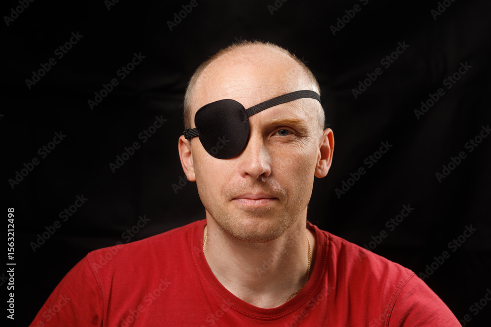 Obraz premium Man with an eye patch looks serious against a dark backdrop