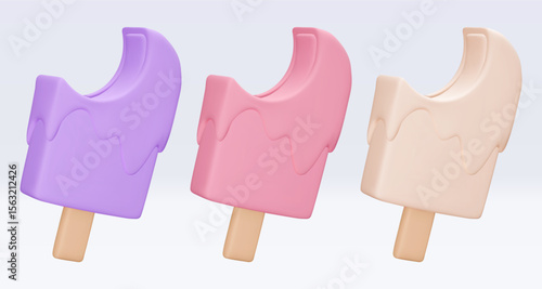 Set bitten Ice cream with chokolate glaze, icon, 3d render. Design elements. Realistic fast food icon. Sweet food. Vector illustration isolated on white for menu, shop, flyer, banner, web, adv, sale