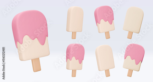 Set Ice cream with pink fruit glaze, icon, 3d render. Design elements. Realistic fast food icon. Sweet food. Vector illustration isolated on white for menu, shop, flyer, banner, web, adv, sale