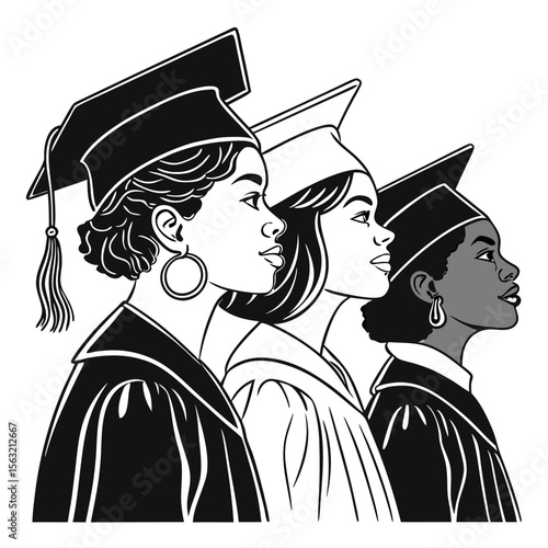 Diverse graduates looking forward graduation caps