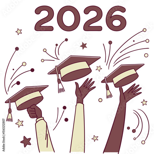 Graduation caps tossed by hands with sparkles and year