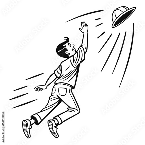 Joyful person reaching for airborne hat motion blur