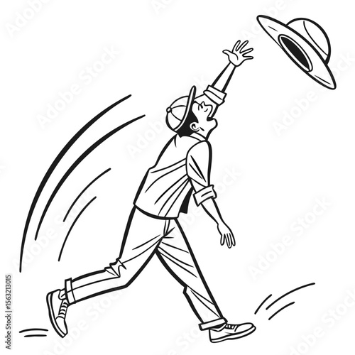Man reaching for flying hat with motion blur vector