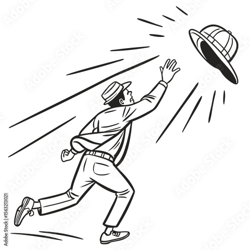 Man chasing hat in wind motion