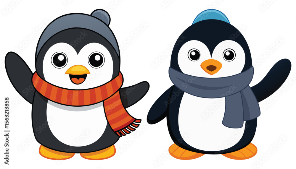 Naklejka premium Kawaii penguin vector waving, soft round body, scarf and winter hat, flat cartoon illustration style, isolated on transparent background, AI Generative