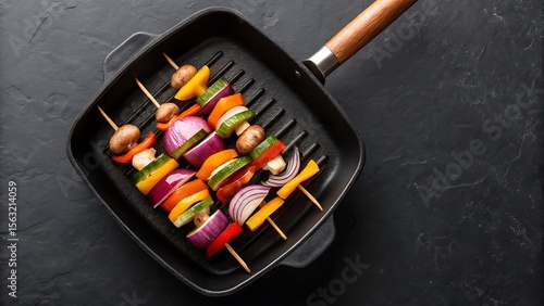 Colorful vegetable skewers arranged in a grill pan on a dark textured surface
