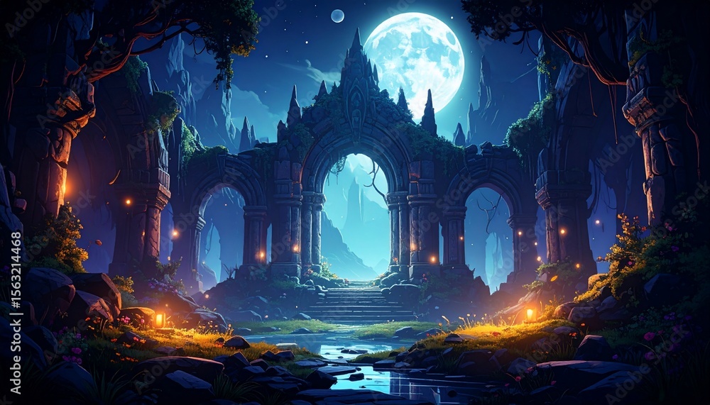 Fototapeta premium Enchanted Moonlit Ruins: A Mystical Gateway to Fantasy