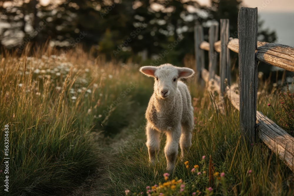 Obraz premium Lamb walking on a path by a wooden fence