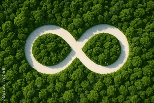 Infinity symbol formed by lush green trees and a white path