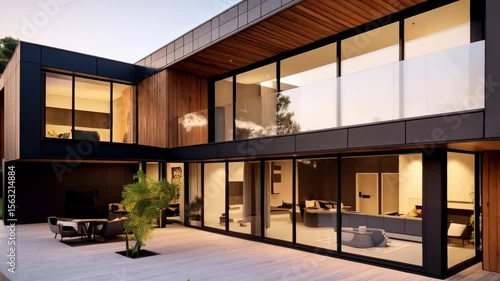 Wallpaper Mural Modern cube style home featuring dark cladding, wood accents, glass windows, and a sprawling outdoor patio surrounded by manicured landscaping. Torontodigital.ca