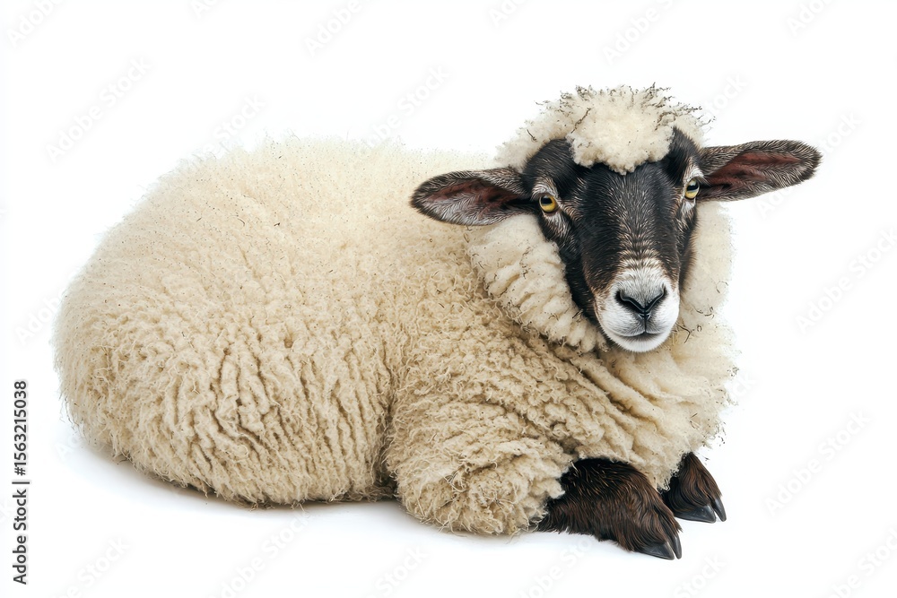 Fototapeta premium Sheep Lying Down on White Background