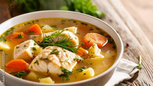 Close-up of white bowl filled with fish soup including carrots and potatoes, garnished with fresh dill on wooden surface.