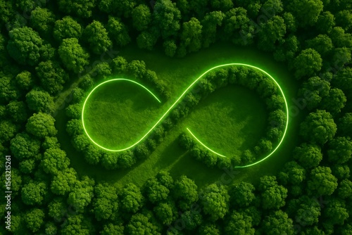 Lush green forest forms an infinity symbol with a bright neon green outline