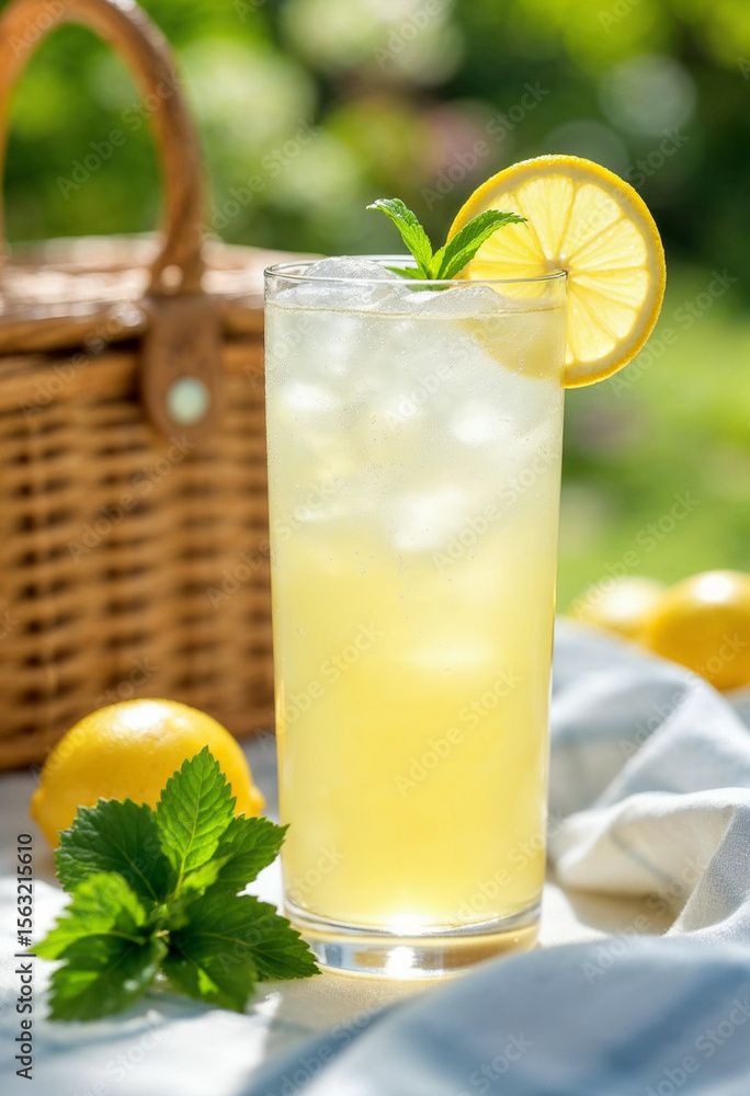 Fototapeta premium Refreshing lemonade with ice and mint on picnic blanket