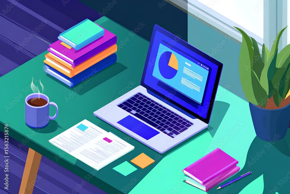 Vibrant flat design of a productive desk space, showcasing a laptop, stacked notebooks, and a cup of coffee for an energetic work vibe. Vibrant flat design of a productive desk space, showcasing a laptop, stacked notebooks, and a cup of coffee for an energetic work vibe.