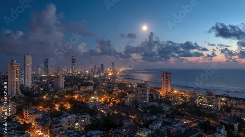 Mumbai Skyline at Dusk with Full Moon